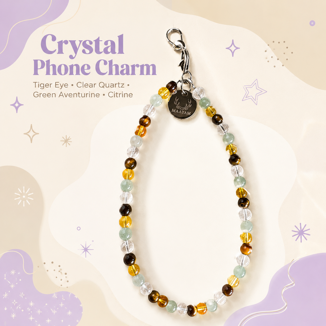 Success & Luck Phone Charm (Citrine + Tiger Eye + Green Aventurine + Clear Quartz)